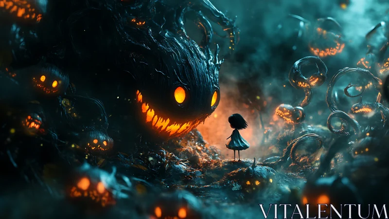 Cinematic digital painting of girl confronting pumpkin wraiths.