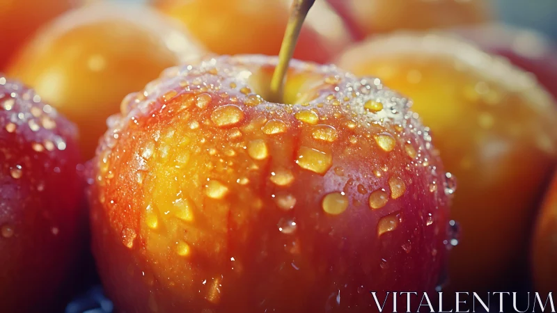 Juicy red apples glistening with fresh morning dew drops.
