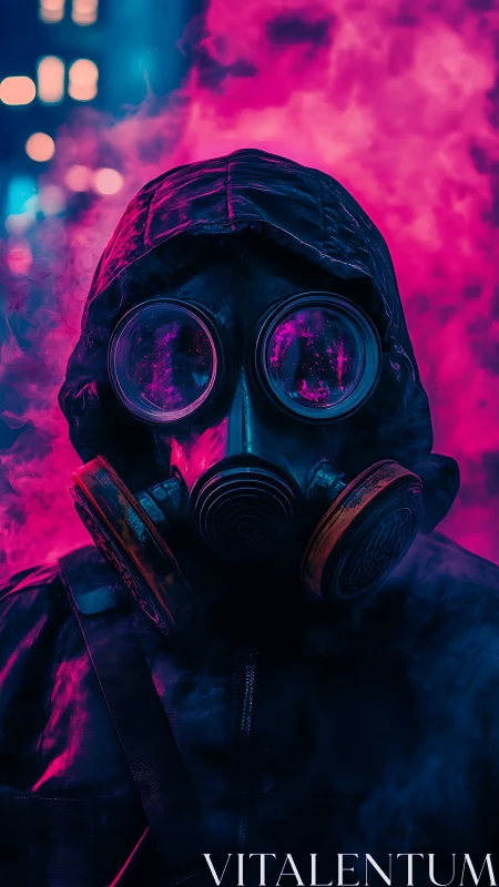 Hooded figure in gas mask stands amid neon toxic haze