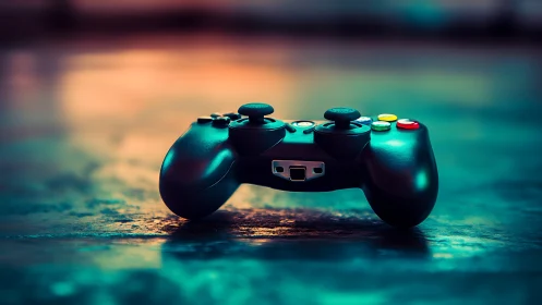 Glowing game controller emerges from neon-lit waters of cyber adventure