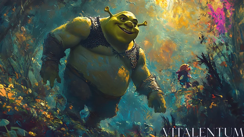 Large green ogre in luminous impressionistic forest scene