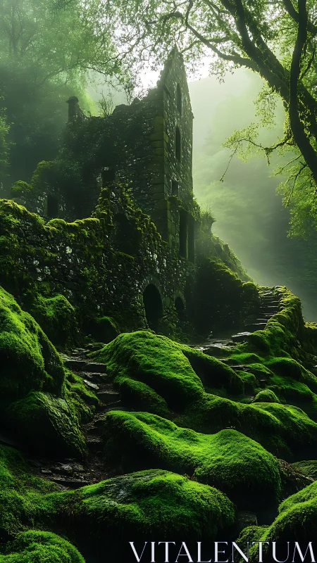 Mossbound ruin stairway humming under emerald morning fog.