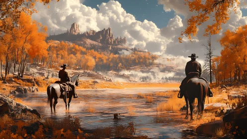 Cowboys on horseback cross an autumn river beneath vast clouds