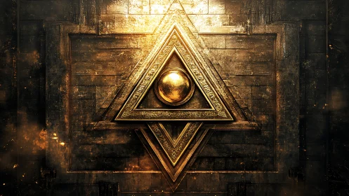 Golden triangular emblem with central orb on dark wall.