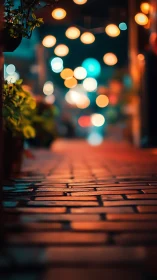 Wet brick alley reflects warm bokeh lights at night