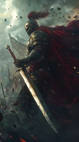 Armored knight holding sword amid smoke and tattered flags.