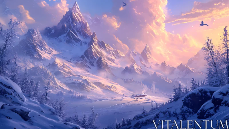 Alpenglow winter massif with luminous cloud architecture panorama.