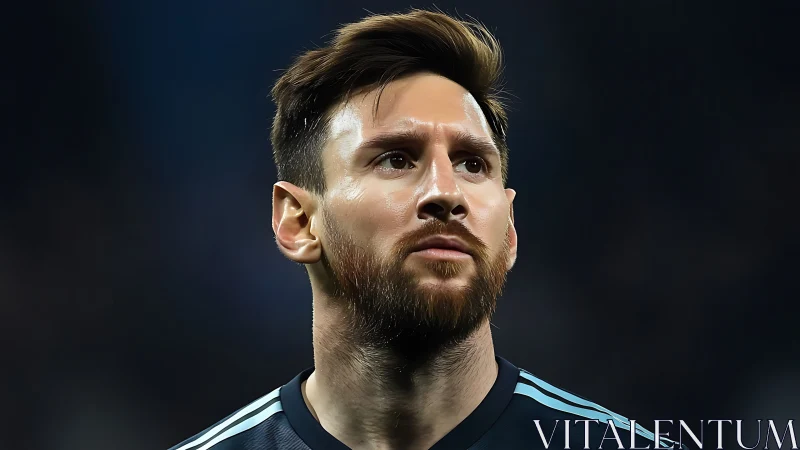 Close-up portrait of male football player in dark jersey.