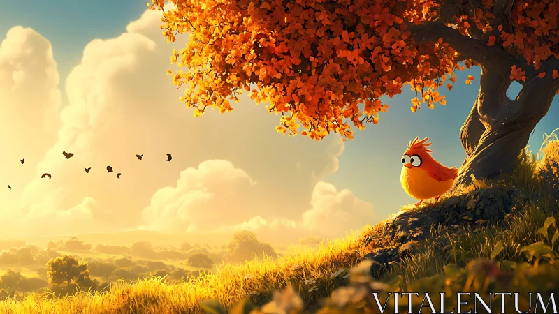A Cheerful Bird Watches Over the Autumn Valley Below.