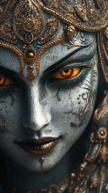 Gilded goddess automaton with ember eyes and lunar skin.