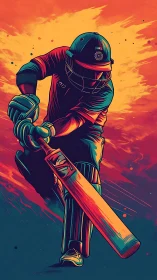 Dynamic cricket batsman in neon gradient digital illustration