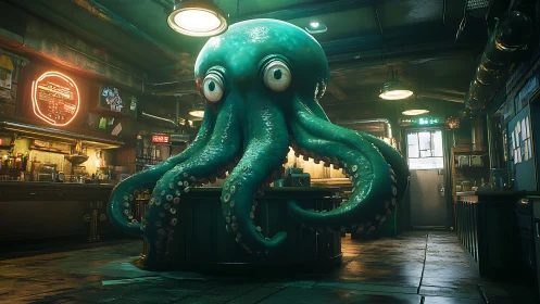 Giant teal octopus dominates industrial neon-lit bar interior.