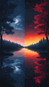 Digital painting diptych of mirrored day–night lakeside skyline.