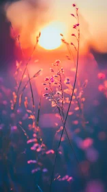 Wildflower silhouettes glow in dreamy sunset light.