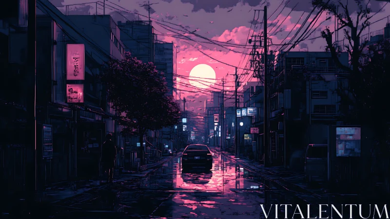 Urban street at dusk with car, neon lights and wet roadway.