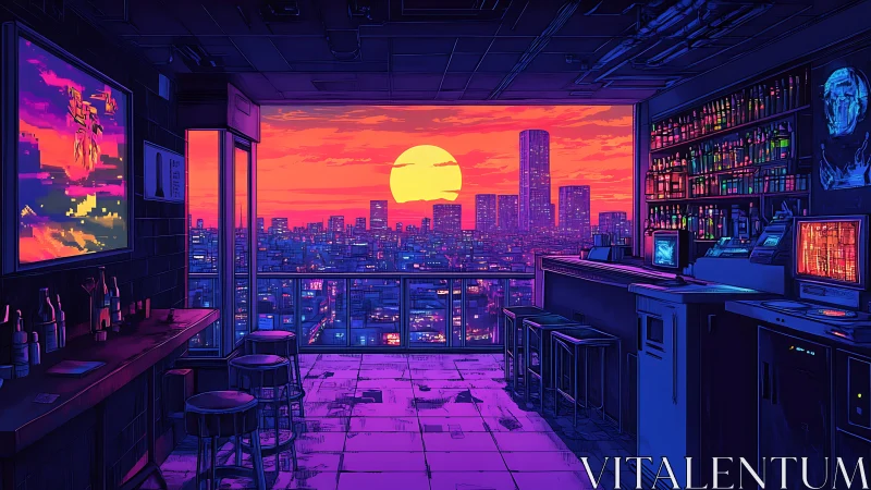 Interior bar overlooks dense city skyline at vivid sunset