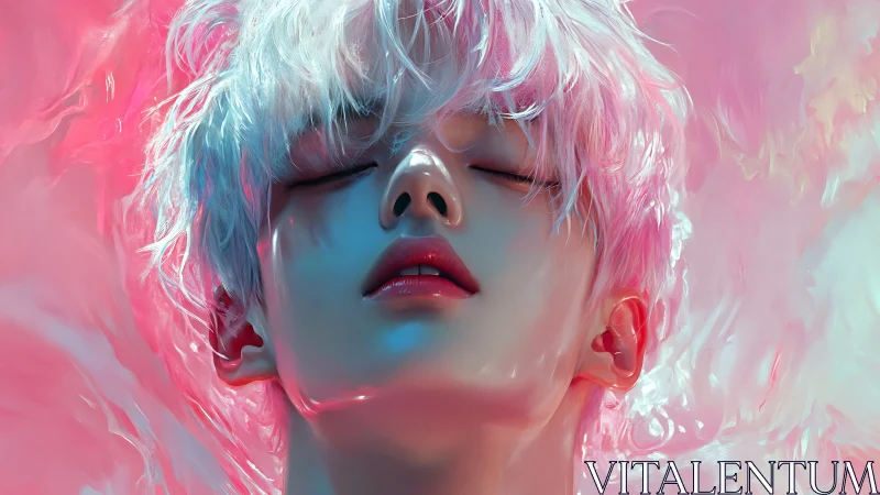 Iridescent portrait with ethereal pink highlights and glow.