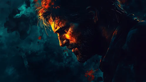 Brooding male profile glows against stormy abstract shadows