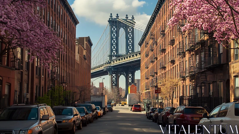 Orthogonal Brooklyn streetscape framing suspension bridge span.