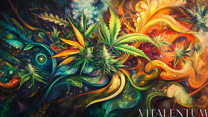 Lush cannabis leaves swirling through radiant abstract color.