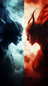 Dual demonic avatars collide amid fire and ice clouds.
