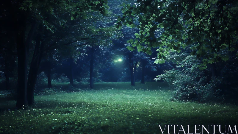 Moonlit Forest Clearing Under Ancient Canopy.