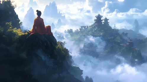 Solitary robed figure observes distant mountain temples in mist