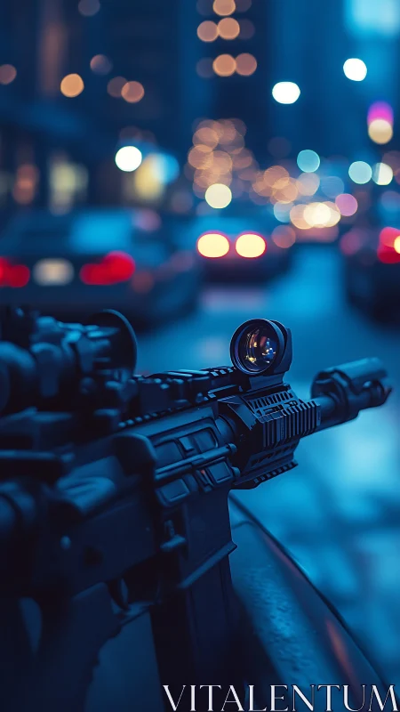 Tactical Rifle with Magnified Optics Under Urban Bokeh Lighting.
