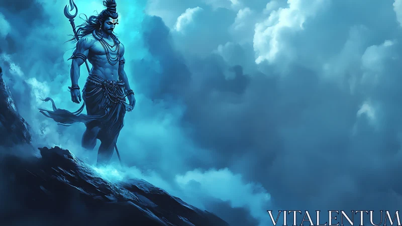 Mythic warrior silhouette stands against dense storm clouds