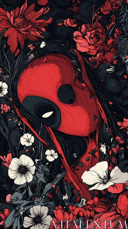 Red masked skull entwined in dense monochrome floral growth