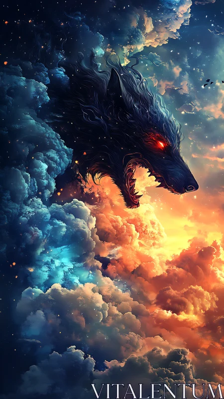 Celestial wolf silhouette emerges from turbulent bifurcated nebula