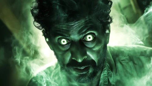 Haunting green-eyed man emerging from swirling toxic fog.