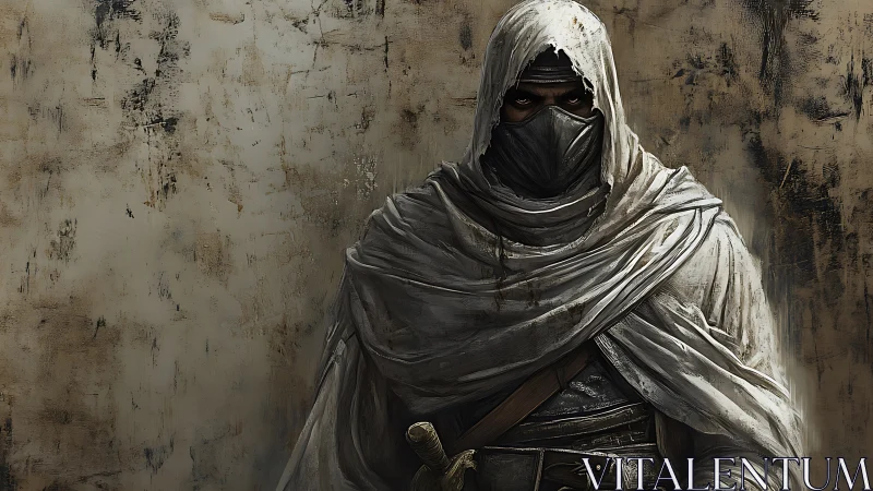 Mysterious desert wanderer wrapped in weathered white robes.