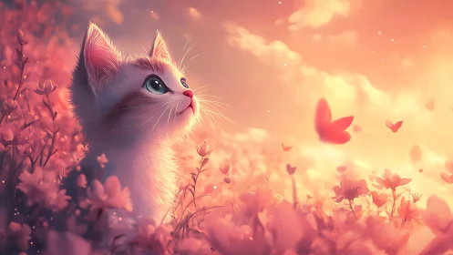White Cat in Luminous Flower Field with Warm Bokeh Atmosphere