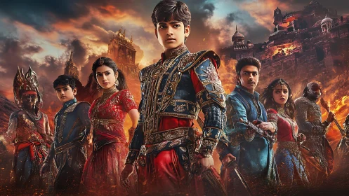 Young fantasy heroes stand united against a fiery realm.