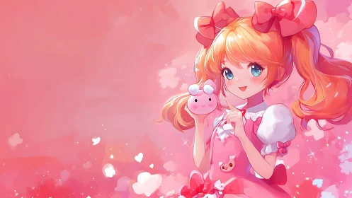 Pink anime girl with toy character on soft gradient background.