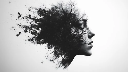 Monochrome double-exposure portrait with dissolving foliage form.