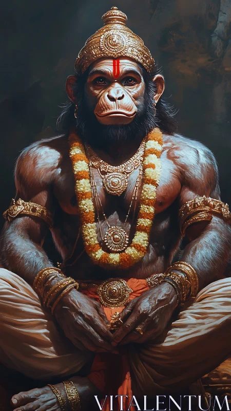 Divine simian warrior seated in ornate golden regalia.