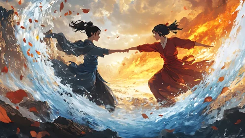 Two opposing figures interact within water and fire vortices