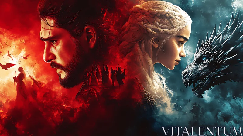 Fiery and icy fantasy heroes facing destiny and a dragon.