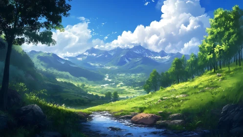 Sunlit mountain valley invites a peaceful wanderer’s pause