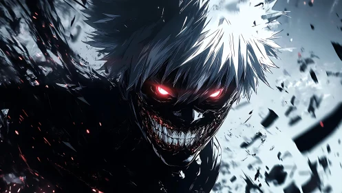 Demonic anime figure advances amid fragmented dark debris