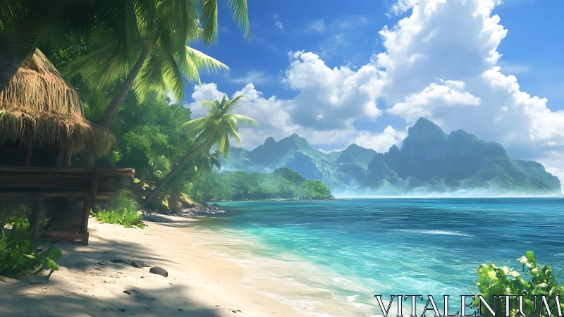Tropical Archipelago Seascape with Thatched Shelter and Dramatic Volcanic Peaks.