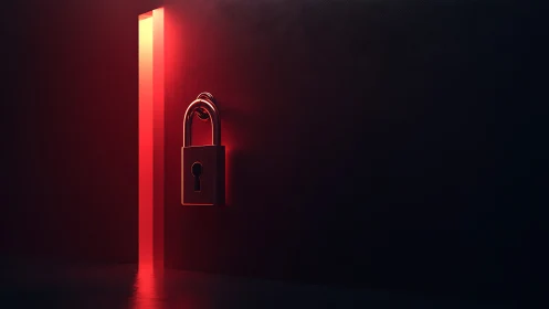 Minimalist red-lit padlock symbolizes abstract cyber security