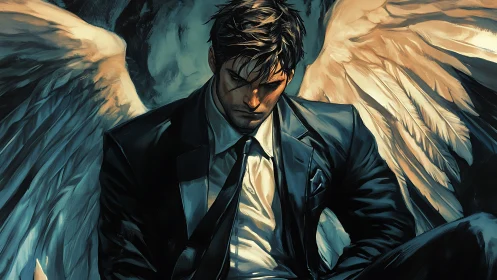 Solitary winged executive under chiaroscuro emotional load.