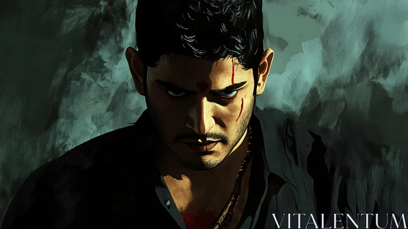 Storm-eyed vigilante simmering in painterly shadowed rage.