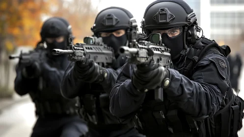 Tactical police entry team in full ballistic gear aiming carbines.