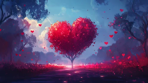 Heart-Shaped Tree with Floating Hearts in Luminous Forest.