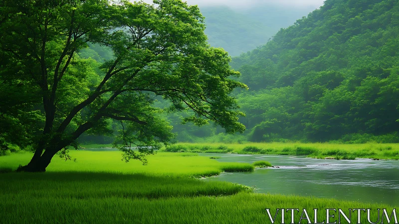 Leaned-over river guardian under a hush of emerald fog.