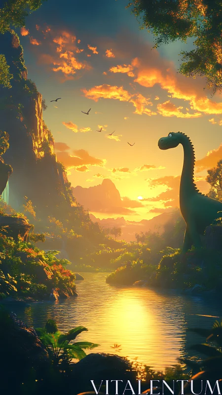 Sunlit dinosaur valley beside glowing prehistoric river at dusk.